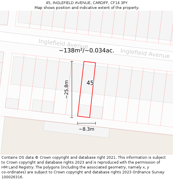 45, INGLEFIELD AVENUE, CARDIFF, CF14 3PY: Plot and title map