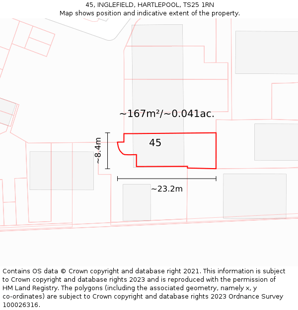 45, INGLEFIELD, HARTLEPOOL, TS25 1RN: Plot and title map