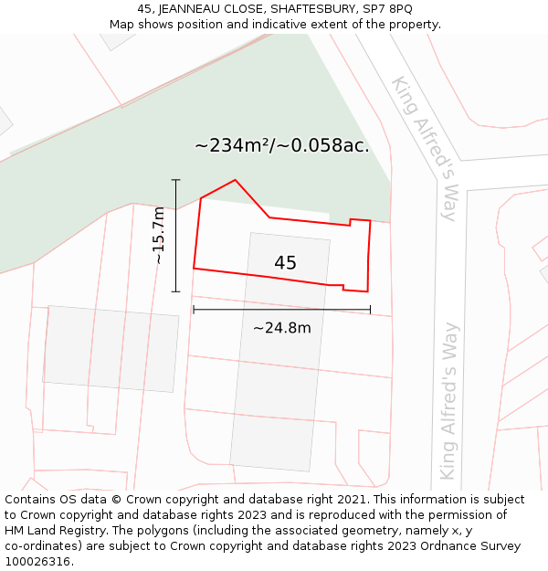 45, JEANNEAU CLOSE, SHAFTESBURY, SP7 8PQ: Plot and title map