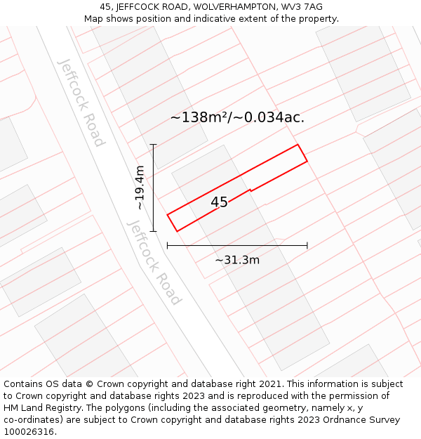 45, JEFFCOCK ROAD, WOLVERHAMPTON, WV3 7AG: Plot and title map