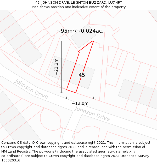 45, JOHNSON DRIVE, LEIGHTON BUZZARD, LU7 4RT: Plot and title map