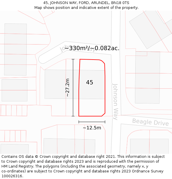 45, JOHNSON WAY, FORD, ARUNDEL, BN18 0TS: Plot and title map
