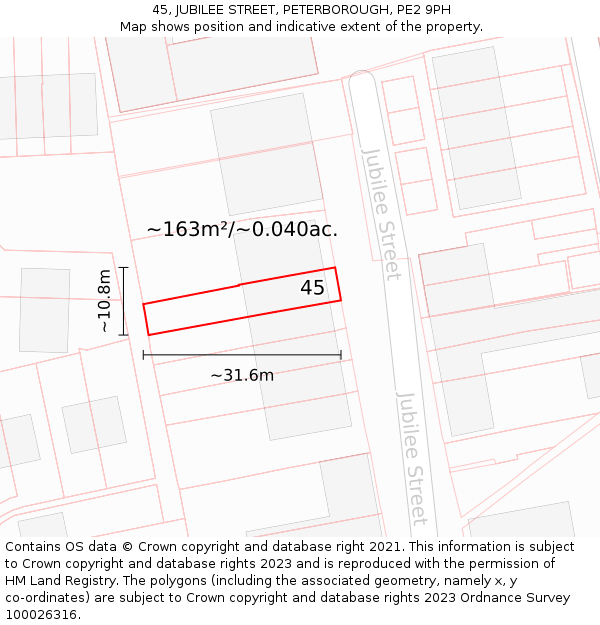45, JUBILEE STREET, PETERBOROUGH, PE2 9PH: Plot and title map