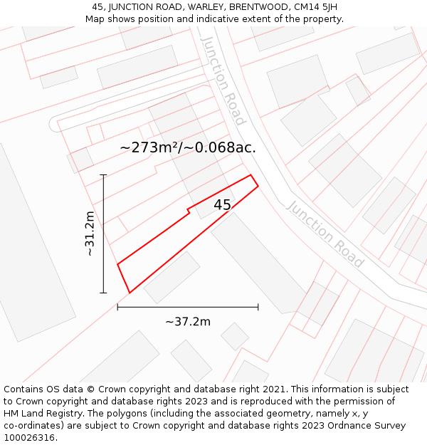 45, JUNCTION ROAD, WARLEY, BRENTWOOD, CM14 5JH: Plot and title map