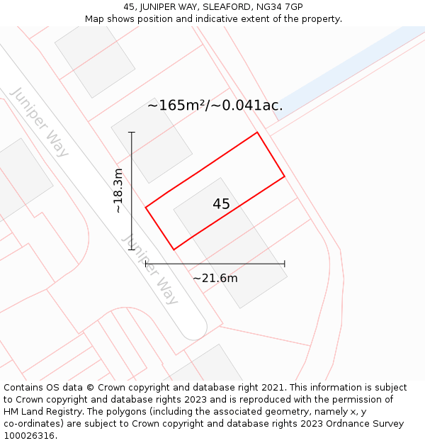 45, JUNIPER WAY, SLEAFORD, NG34 7GP: Plot and title map