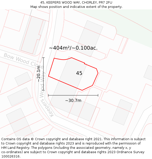 45, KEEPERS WOOD WAY, CHORLEY, PR7 2FU: Plot and title map