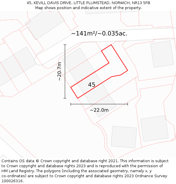 45, KEVILL DAVIS DRIVE, LITTLE PLUMSTEAD, NORWICH, NR13 5FB: Plot and title map