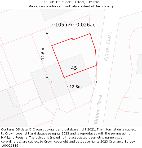 45, KIDNER CLOSE, LUTON, LU2 7SX: Plot and title map