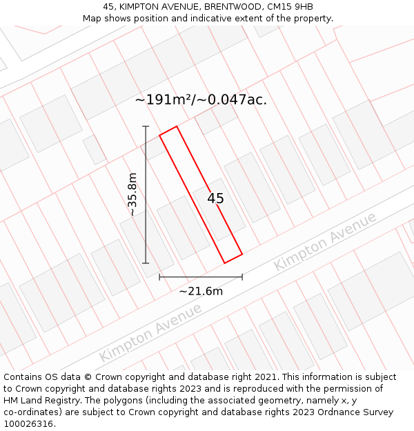 45, KIMPTON AVENUE, BRENTWOOD, CM15 9HB: Plot and title map