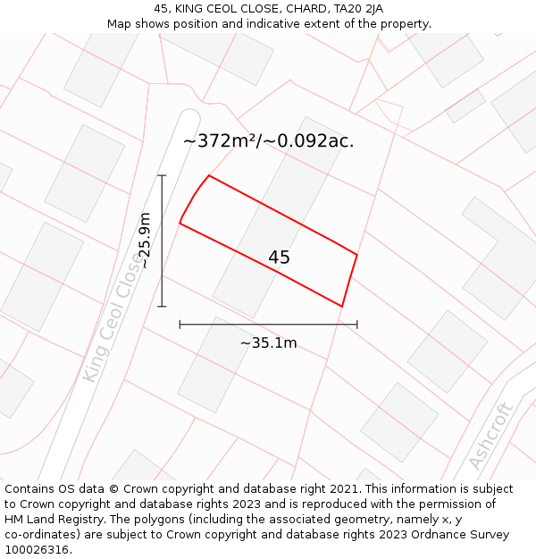 45, KING CEOL CLOSE, CHARD, TA20 2JA: Plot and title map