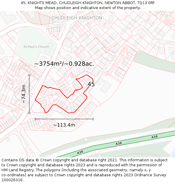 45, KNIGHTS MEAD, CHUDLEIGH KNIGHTON, NEWTON ABBOT, TQ13 0RF: Plot and title map