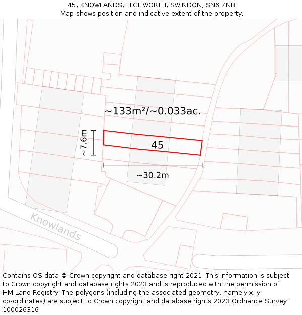 45, KNOWLANDS, HIGHWORTH, SWINDON, SN6 7NB: Plot and title map