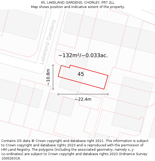 45, LAKELAND GARDENS, CHORLEY, PR7 2LL: Plot and title map