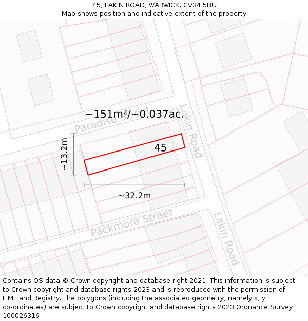 45, LAKIN ROAD, WARWICK, CV34 5BU: Plot and title map