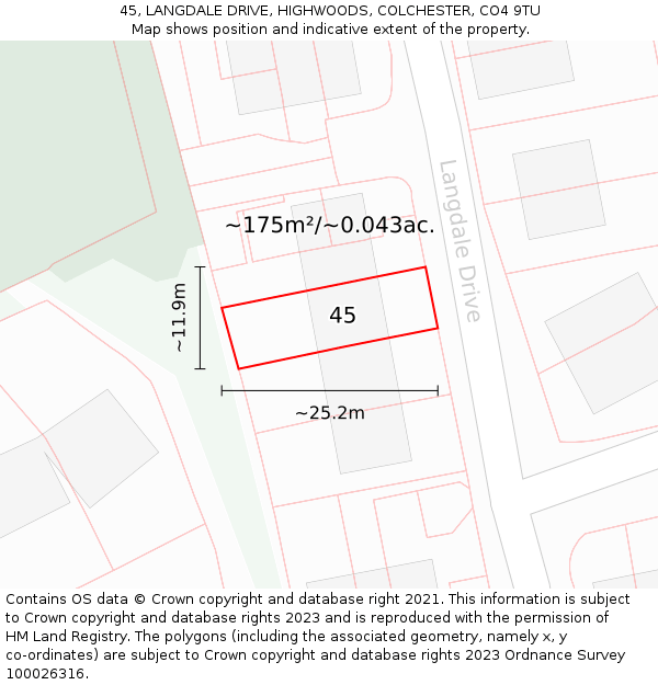 45, LANGDALE DRIVE, HIGHWOODS, COLCHESTER, CO4 9TU: Plot and title map