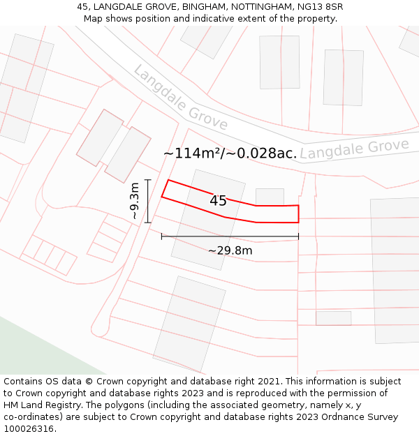 45, LANGDALE GROVE, BINGHAM, NOTTINGHAM, NG13 8SR: Plot and title map