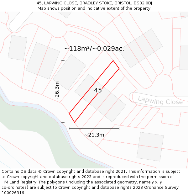 45, LAPWING CLOSE, BRADLEY STOKE, BRISTOL, BS32 0BJ: Plot and title map
