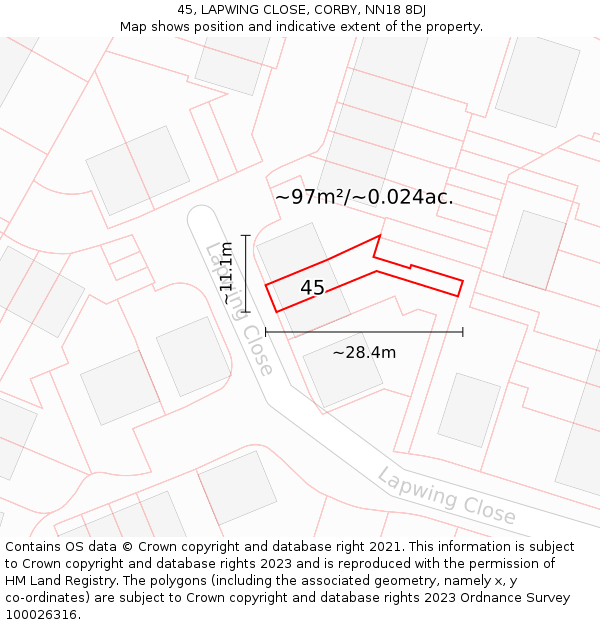 45, LAPWING CLOSE, CORBY, NN18 8DJ: Plot and title map