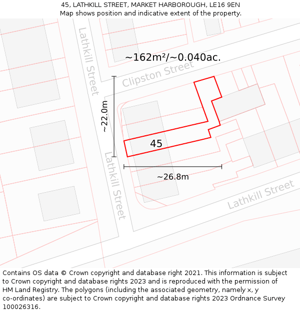 45, LATHKILL STREET, MARKET HARBOROUGH, LE16 9EN: Plot and title map