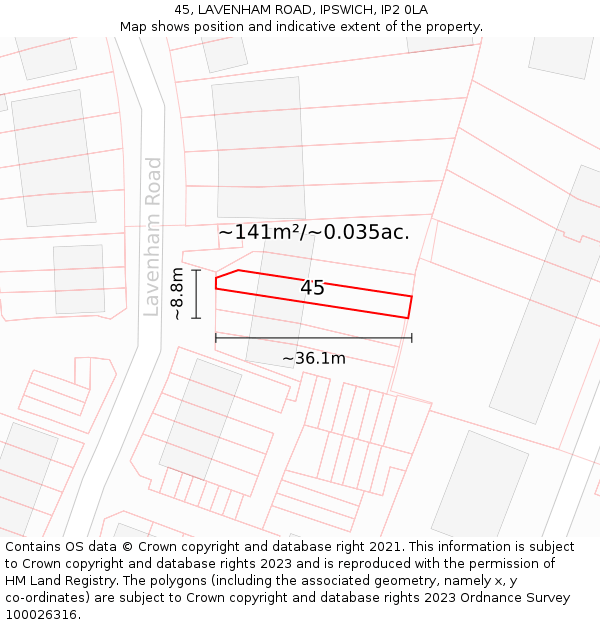 45, LAVENHAM ROAD, IPSWICH, IP2 0LA: Plot and title map