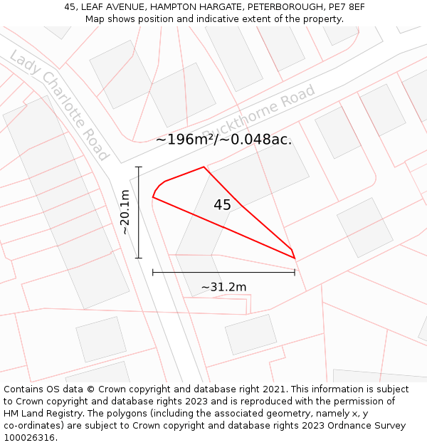 45, LEAF AVENUE, HAMPTON HARGATE, PETERBOROUGH, PE7 8EF: Plot and title map