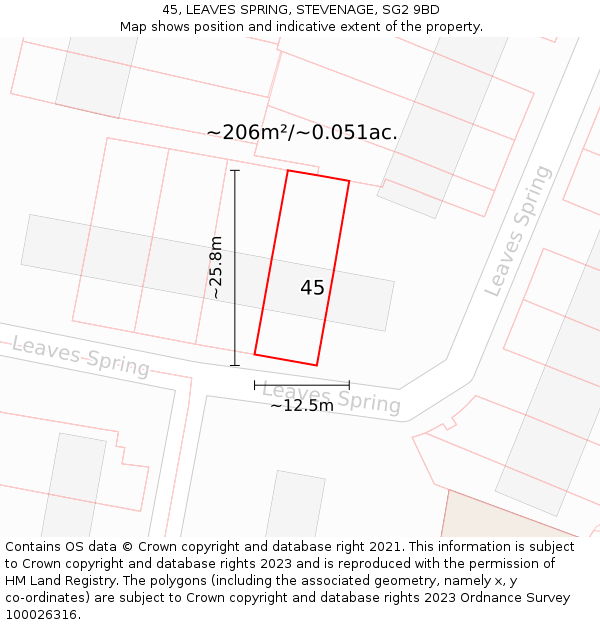 45, LEAVES SPRING, STEVENAGE, SG2 9BD: Plot and title map