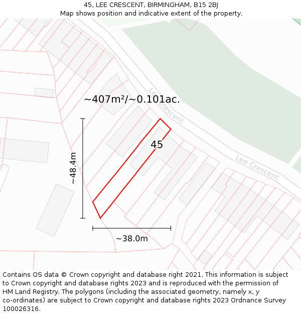 45, LEE CRESCENT, BIRMINGHAM, B15 2BJ: Plot and title map