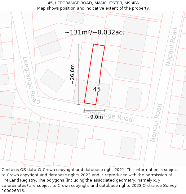 45, LEEGRANGE ROAD, MANCHESTER, M9 4FA: Plot and title map