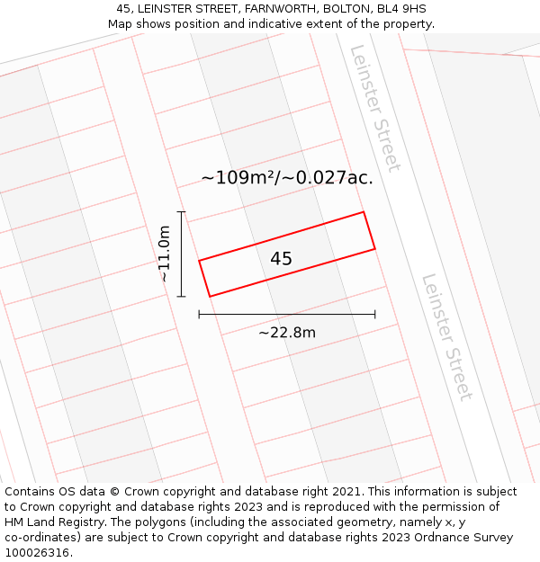 45, LEINSTER STREET, FARNWORTH, BOLTON, BL4 9HS: Plot and title map