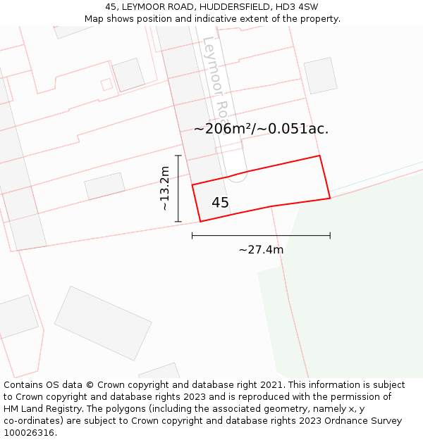 45, LEYMOOR ROAD, HUDDERSFIELD, HD3 4SW: Plot and title map