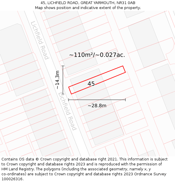 45, LICHFIELD ROAD, GREAT YARMOUTH, NR31 0AB: Plot and title map