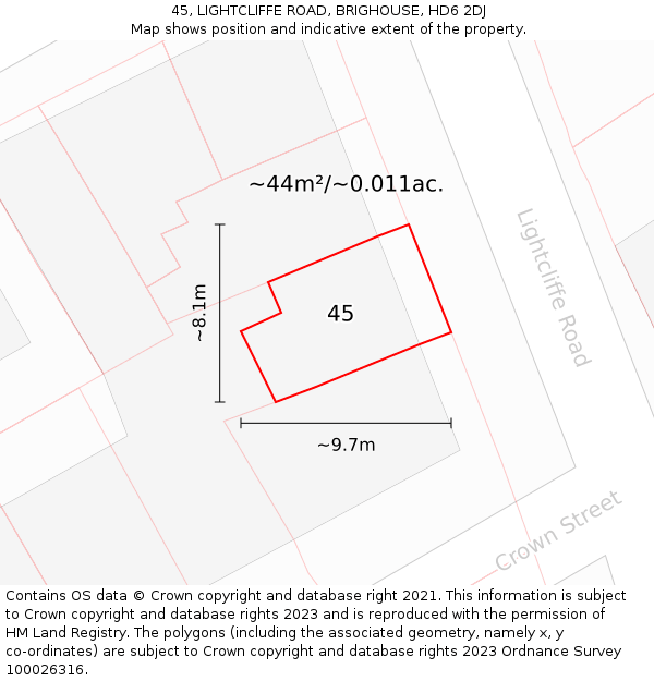 45, LIGHTCLIFFE ROAD, BRIGHOUSE, HD6 2DJ: Plot and title map