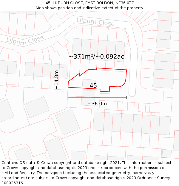 45, LILBURN CLOSE, EAST BOLDON, NE36 0TZ: Plot and title map