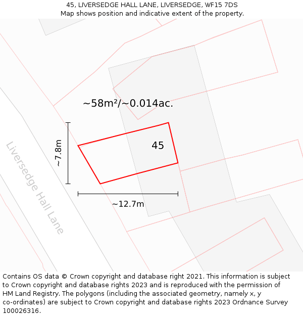 45, LIVERSEDGE HALL LANE, LIVERSEDGE, WF15 7DS: Plot and title map