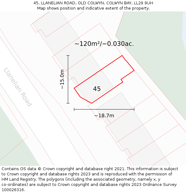 45, LLANELIAN ROAD, OLD COLWYN, COLWYN BAY, LL29 9UH: Plot and title map