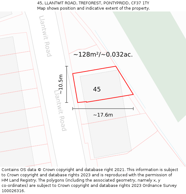 45, LLANTWIT ROAD, TREFOREST, PONTYPRIDD, CF37 1TY: Plot and title map
