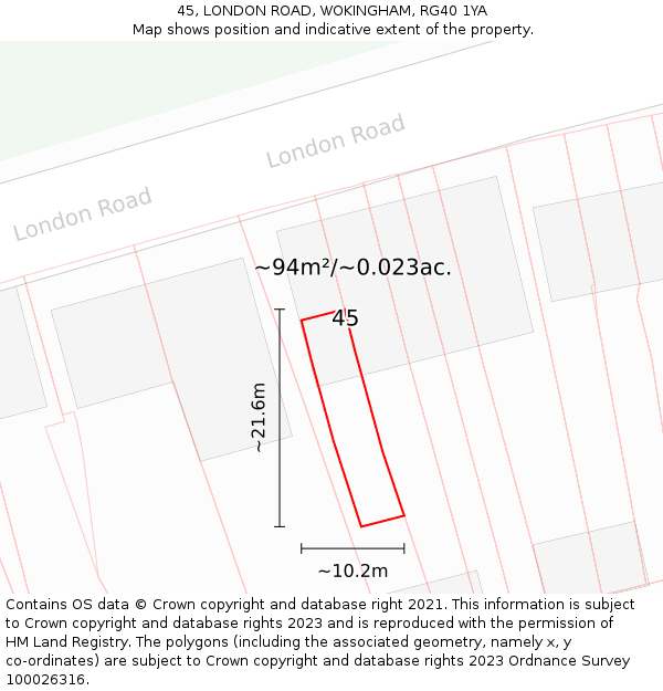 45, LONDON ROAD, WOKINGHAM, RG40 1YA: Plot and title map