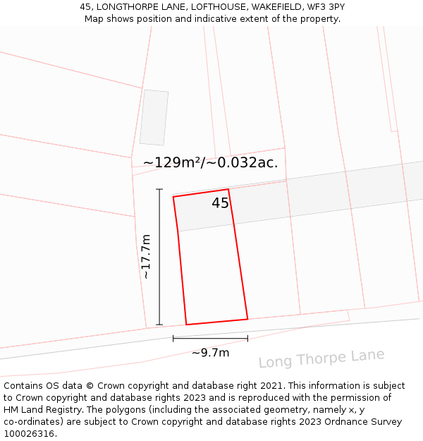 45, LONGTHORPE LANE, LOFTHOUSE, WAKEFIELD, WF3 3PY: Plot and title map