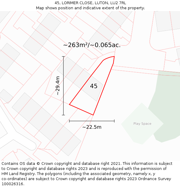 45, LORIMER CLOSE, LUTON, LU2 7RL: Plot and title map