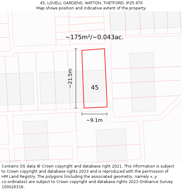 45, LOVELL GARDENS, WATTON, THETFORD, IP25 6TX: Plot and title map