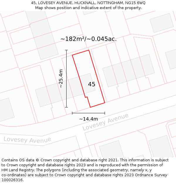 45, LOVESEY AVENUE, HUCKNALL, NOTTINGHAM, NG15 6WQ: Plot and title map