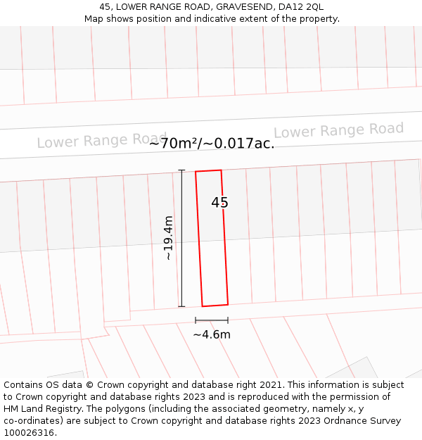 45, LOWER RANGE ROAD, GRAVESEND, DA12 2QL: Plot and title map
