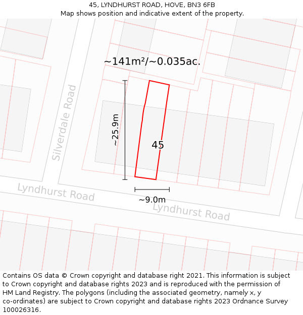 45, LYNDHURST ROAD, HOVE, BN3 6FB: Plot and title map