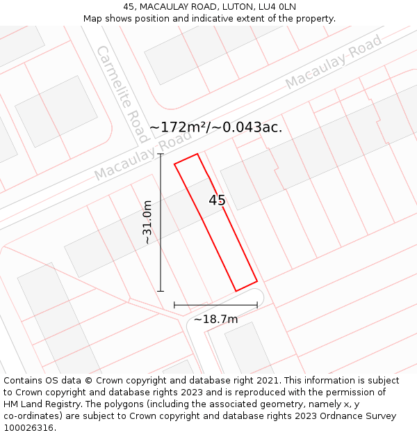 45, MACAULAY ROAD, LUTON, LU4 0LN: Plot and title map