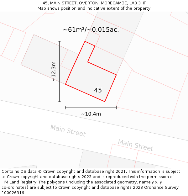 45, MAIN STREET, OVERTON, MORECAMBE, LA3 3HF: Plot and title map
