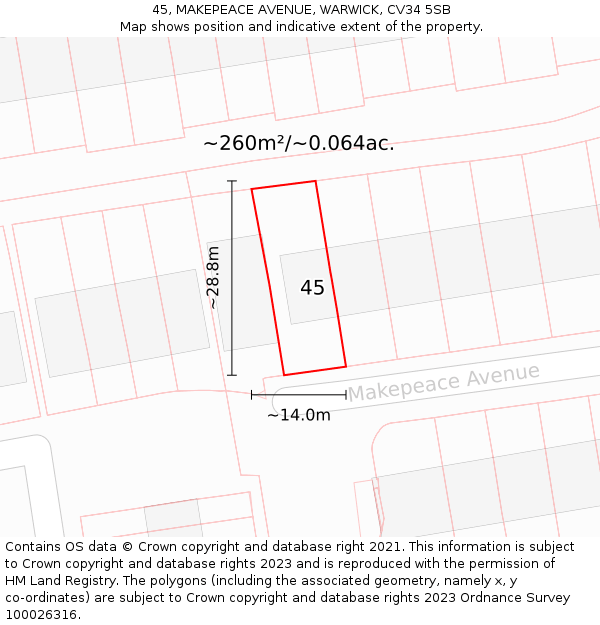 45, MAKEPEACE AVENUE, WARWICK, CV34 5SB: Plot and title map
