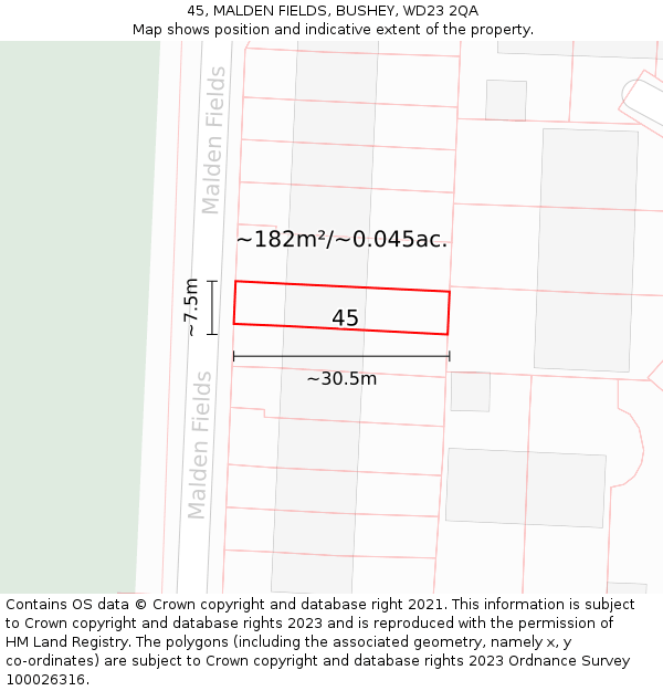 45, MALDEN FIELDS, BUSHEY, WD23 2QA: Plot and title map