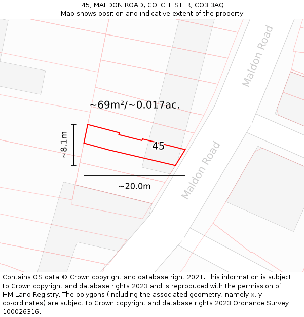 45, MALDON ROAD, COLCHESTER, CO3 3AQ: Plot and title map