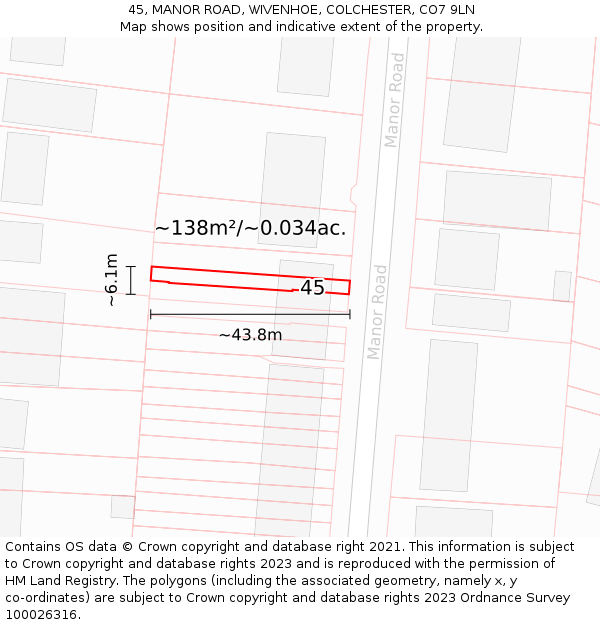 45, MANOR ROAD, WIVENHOE, COLCHESTER, CO7 9LN: Plot and title map
