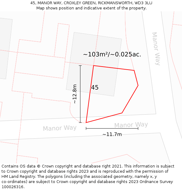 45, MANOR WAY, CROXLEY GREEN, RICKMANSWORTH, WD3 3LU: Plot and title map